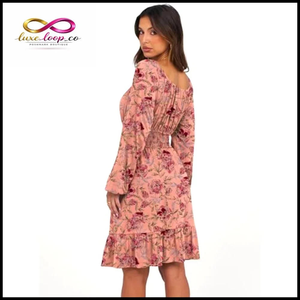 Long Sleeve Midi Dress A-Line Square Neck Elastic Waist Ruffle Hem - Picture 5 of 7